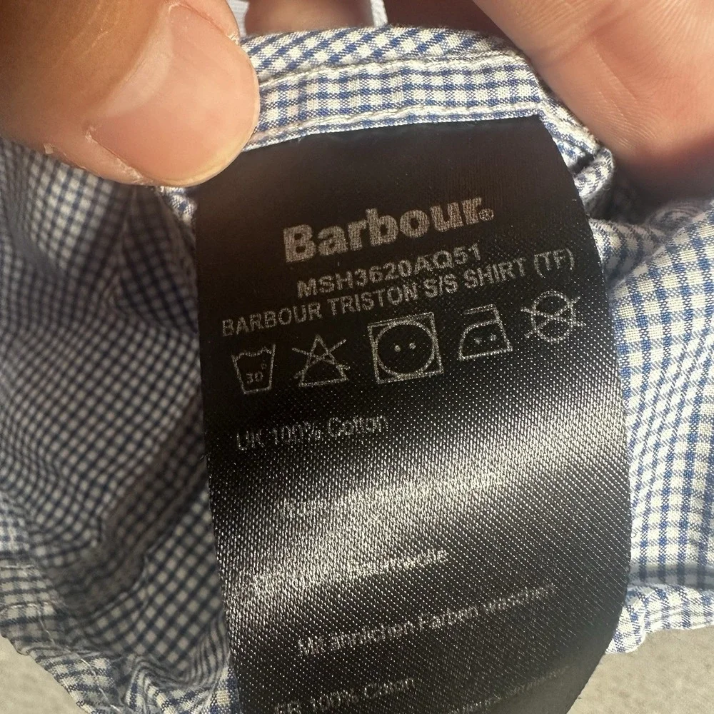 Barbour Shirt Mens L Blue Plaid Tailored Fit Short Sleeve Casual Button Down - Picture 4 of 9